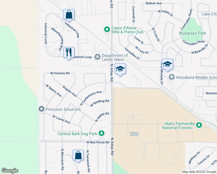 map of restaurants, bars, coffee shops, grocery stores, and more near 5030 Stonehenge Avenue in Coeur d'Alene