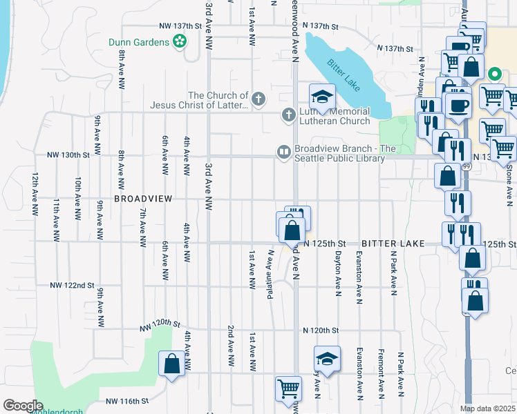 map of restaurants, bars, coffee shops, grocery stores, and more near 12553 1st Avenue Northwest in Seattle