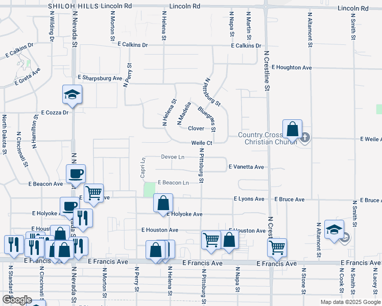 map of restaurants, bars, coffee shops, grocery stores, and more near 1633 Devoe Lane in Spokane