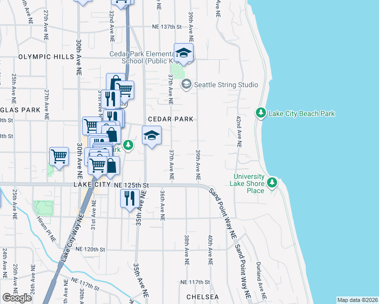 map of restaurants, bars, coffee shops, grocery stores, and more near 12701 39th Avenue Northeast in Seattle