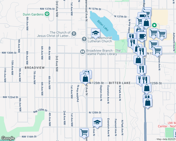 map of restaurants, bars, coffee shops, grocery stores, and more near 12550 Greenwood Avenue North in Seattle
