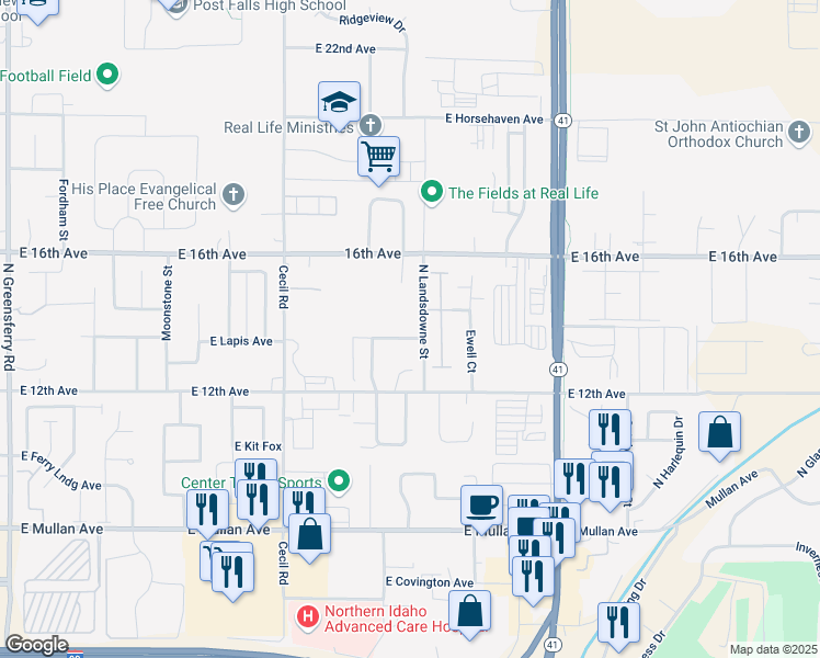 map of restaurants, bars, coffee shops, grocery stores, and more near 1385 North Brookhaven Lane in Post Falls