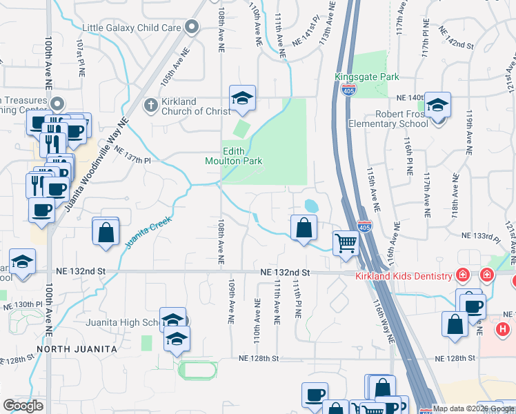 map of restaurants, bars, coffee shops, grocery stores, and more near 13430 109th Avenue Northeast in Kirkland