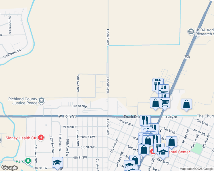 map of restaurants, bars, coffee shops, grocery stores, and more near 400 Lincoln Avenue South in Sidney