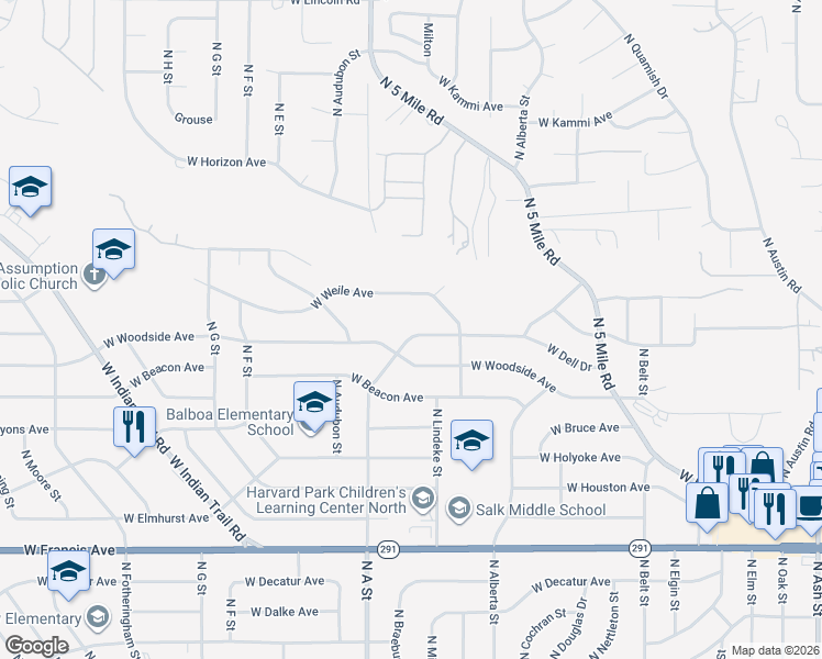 map of restaurants, bars, coffee shops, grocery stores, and more near 2904 West Woodside Avenue in Spokane