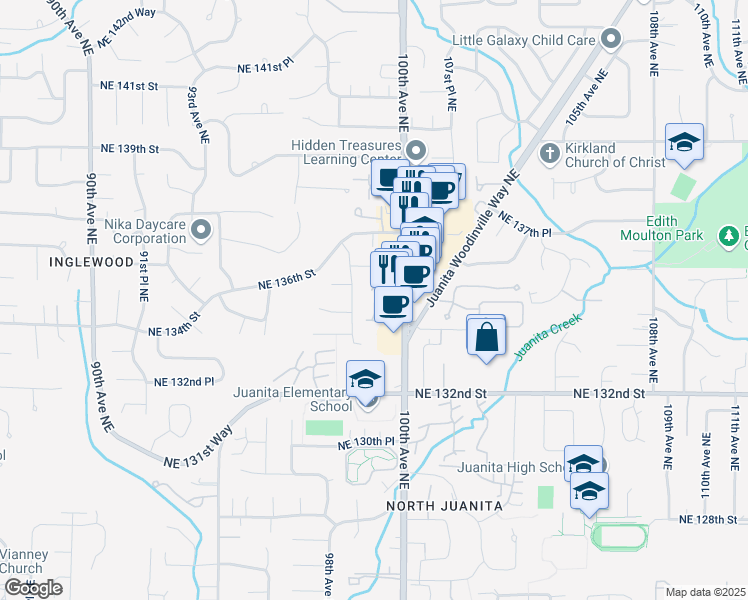map of restaurants, bars, coffee shops, grocery stores, and more near 13418 98th Avenue Northeast in Kirkland