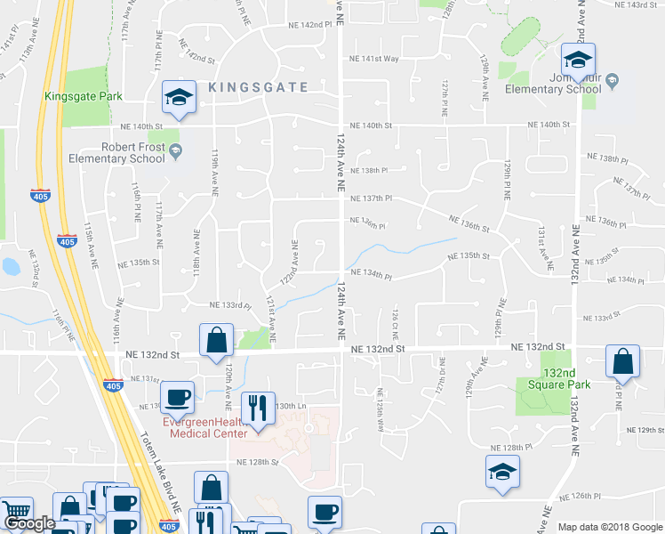 map of restaurants, bars, coffee shops, grocery stores, and more near 12322 Northeast 134th Street in Kirkland