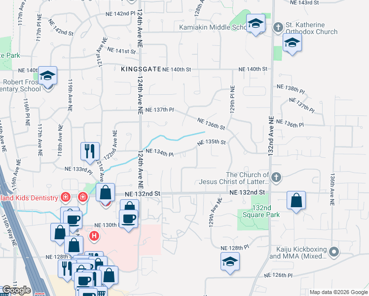 map of restaurants, bars, coffee shops, grocery stores, and more near 12608 Northeast 134th Place in Kirkland
