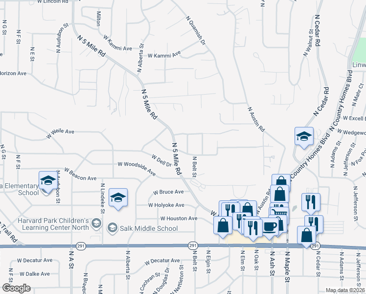 map of restaurants, bars, coffee shops, grocery stores, and more near 7009 North Belt Street in Spokane