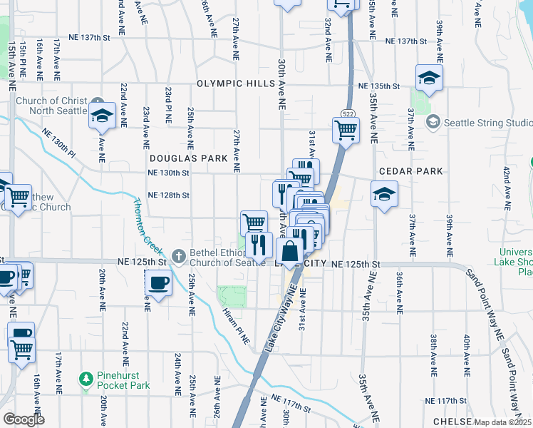 map of restaurants, bars, coffee shops, grocery stores, and more near 2806 Northeast 127th Street in Seattle