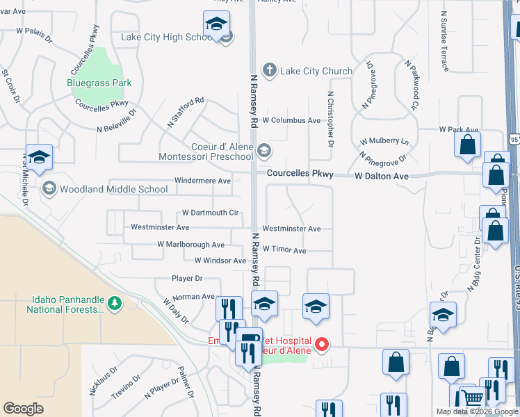 map of restaurants, bars, coffee shops, grocery stores, and more near 5535 North Pacific Avenue in Coeur d'Alene