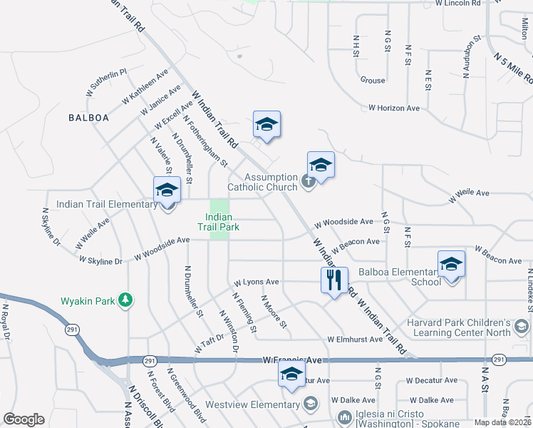 map of restaurants, bars, coffee shops, grocery stores, and more near 3711 West Delbert Avenue in Spokane