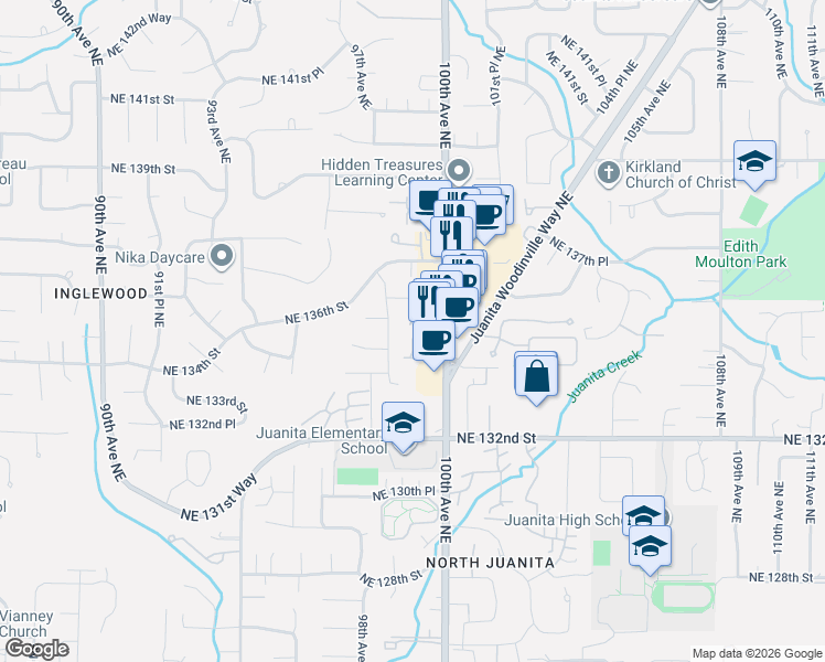 map of restaurants, bars, coffee shops, grocery stores, and more near 13418 98th Avenue Northeast in Kirkland