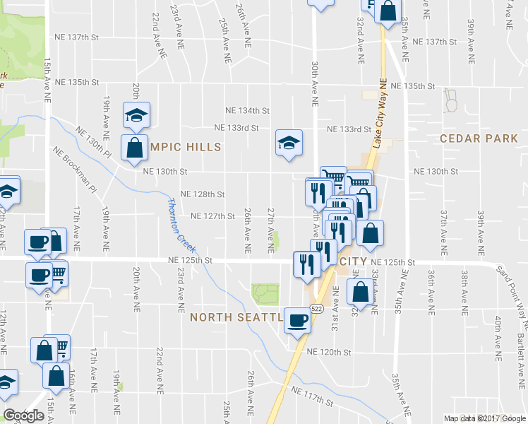 map of restaurants, bars, coffee shops, grocery stores, and more near 12550 26th Avenue Northeast in Seattle