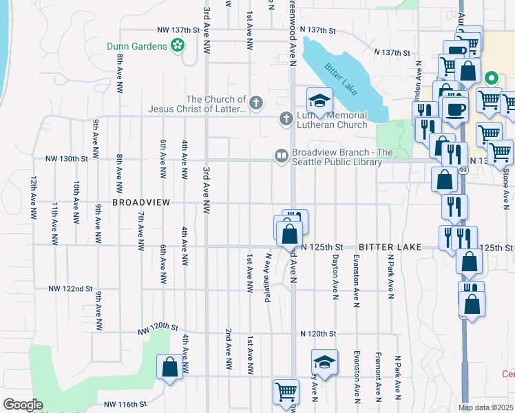 map of restaurants, bars, coffee shops, grocery stores, and more near 12553 1st Avenue Northwest in Seattle