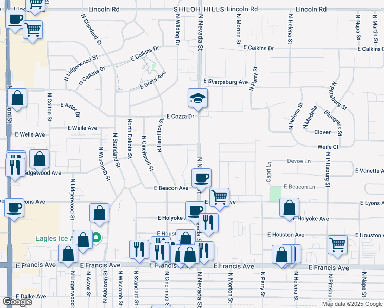 map of restaurants, bars, coffee shops, grocery stores, and more near 930 East Sitka Avenue in Spokane