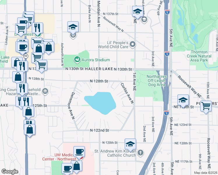 map of restaurants, bars, coffee shops, grocery stores, and more near 2137 North 128th Street in Seattle