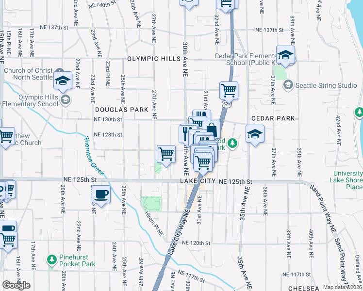 map of restaurants, bars, coffee shops, grocery stores, and more near 2820 Northeast 127th Street in Seattle