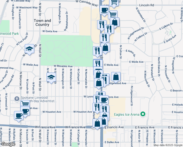 map of restaurants, bars, coffee shops, grocery stores, and more near 6915 North Atlantic Street in Spokane