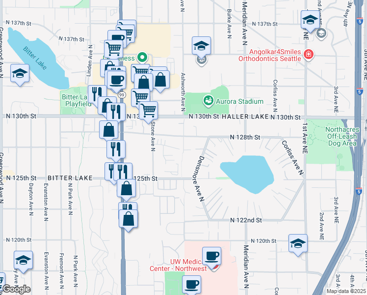 map of restaurants, bars, coffee shops, grocery stores, and more near 12600 Stone Avenue North in Seattle
