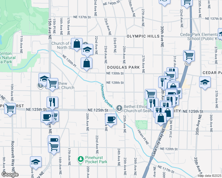 map of restaurants, bars, coffee shops, grocery stores, and more near 2309 Northeast 127th Street in Seattle