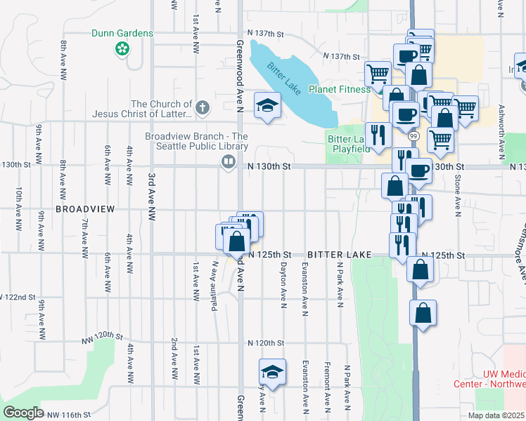 map of restaurants, bars, coffee shops, grocery stores, and more near Phinney Ave N & N 127th St in Seattle