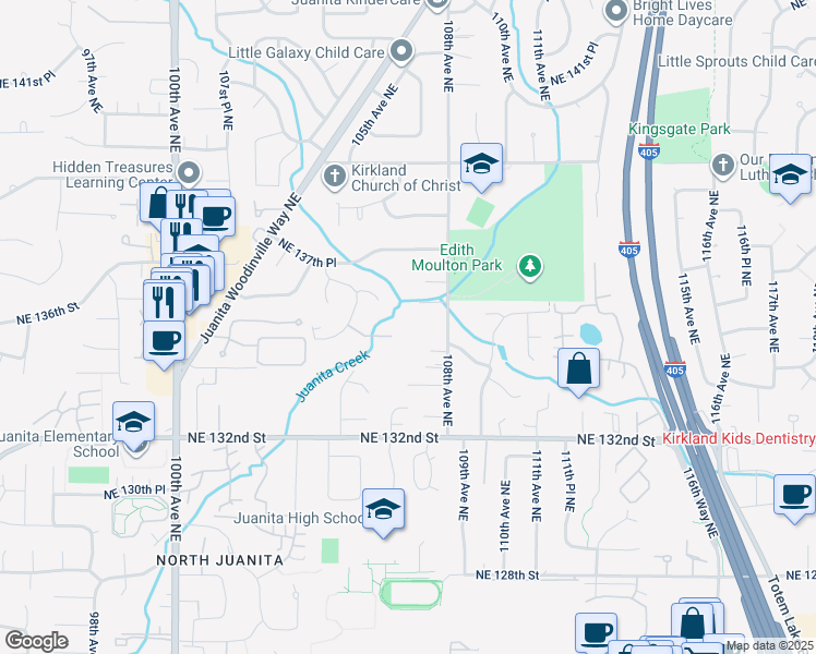 map of restaurants, bars, coffee shops, grocery stores, and more near 10523 Northeast 135th Lane in Kirkland
