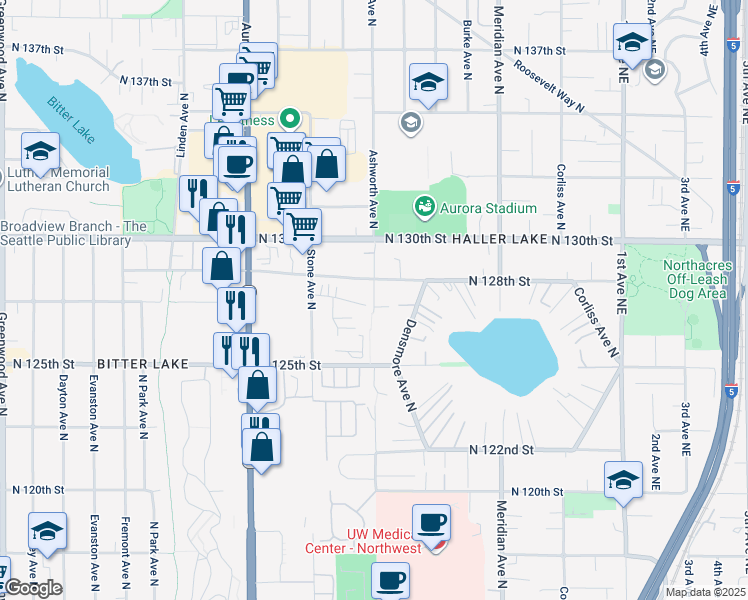 map of restaurants, bars, coffee shops, grocery stores, and more near 12645 Ashworth Avenue North in Seattle