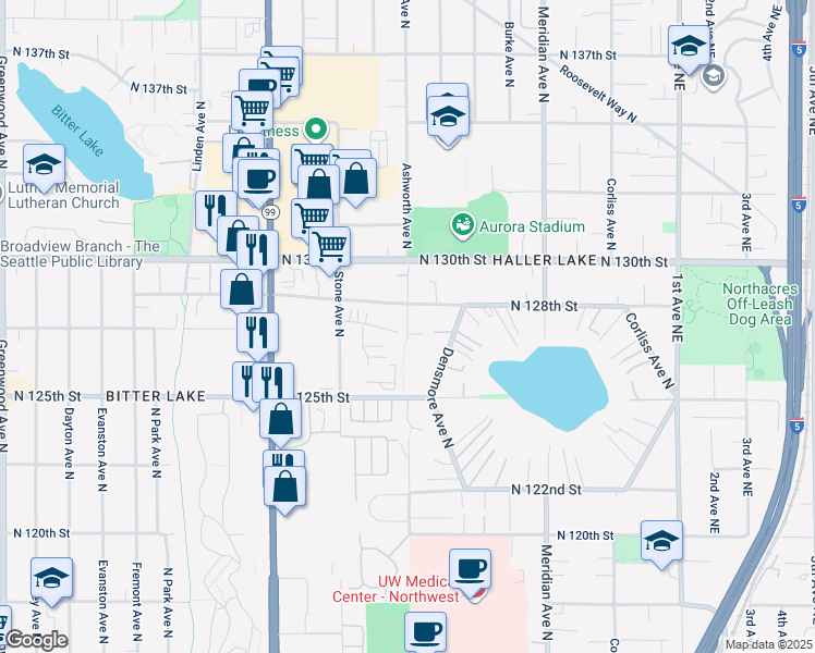 map of restaurants, bars, coffee shops, grocery stores, and more near 12645 Ashworth Avenue North in Seattle