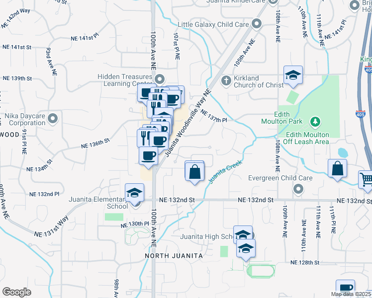 map of restaurants, bars, coffee shops, grocery stores, and more near 10123 Northeast 135th Lane in Kirkland