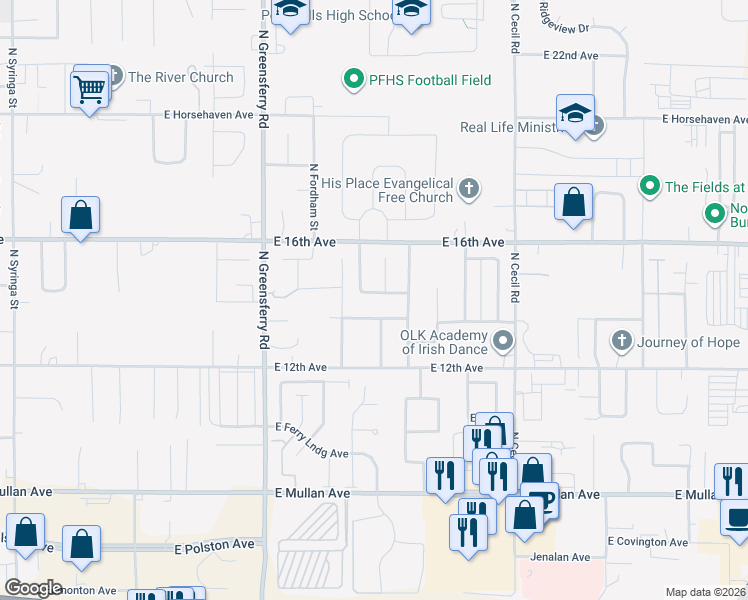 map of restaurants, bars, coffee shops, grocery stores, and more near 2748 East Limestone in Post Falls