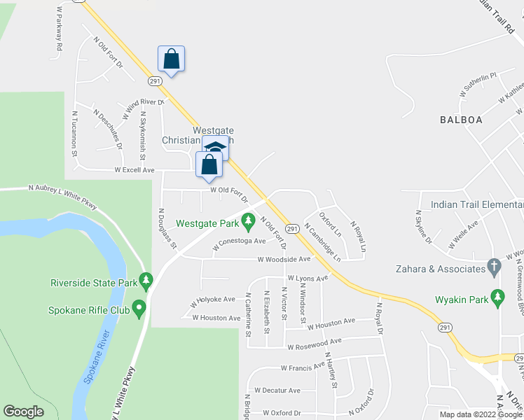 map of restaurants, bars, coffee shops, grocery stores, and more near 6934 North Old Fort Drive in Spokane