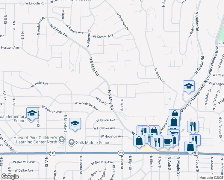 map of restaurants, bars, coffee shops, grocery stores, and more near 7009 North Belt Street in Spokane