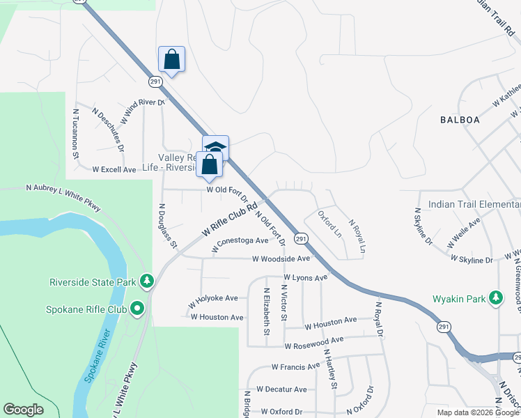 map of restaurants, bars, coffee shops, grocery stores, and more near 6920 North Old Fort Drive in Spokane