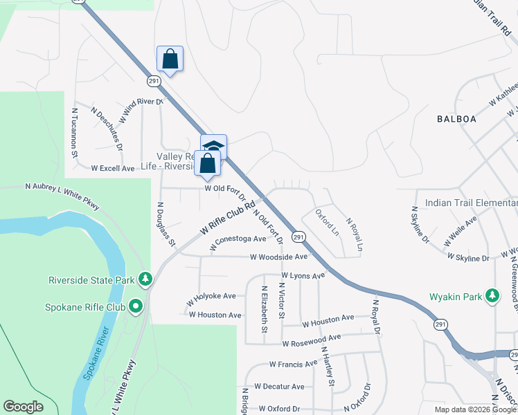 map of restaurants, bars, coffee shops, grocery stores, and more near 6920 North Old Fort Drive in Spokane