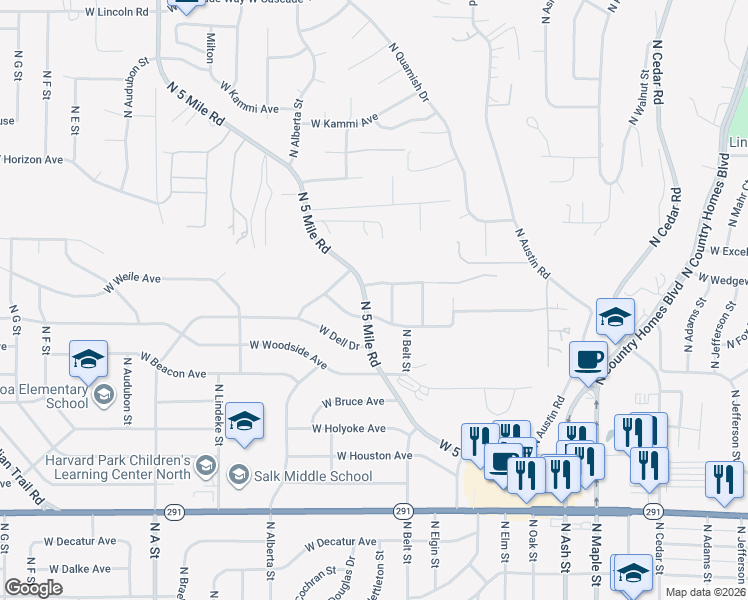 map of restaurants, bars, coffee shops, grocery stores, and more near 7009 North Belt Street in Spokane