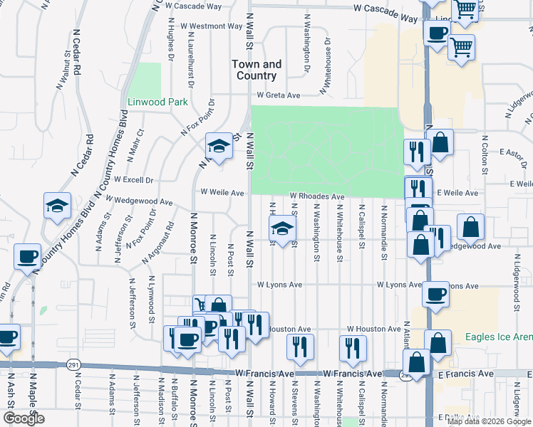 map of restaurants, bars, coffee shops, grocery stores, and more near 6920 North Wall Street in Spokane