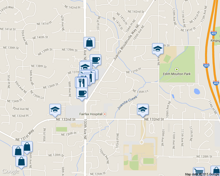map of restaurants, bars, coffee shops, grocery stores, and more near 10123 Northeast 135th Lane in Kirkland