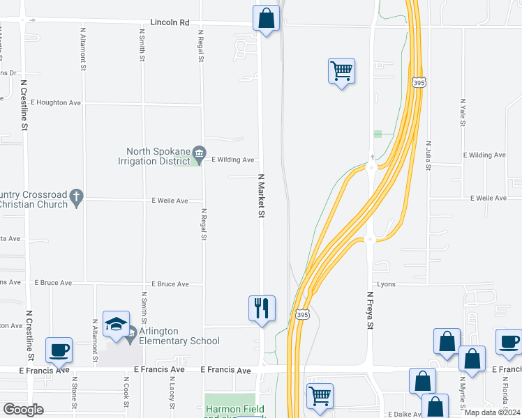 map of restaurants, bars, coffee shops, grocery stores, and more near 7002 North Market Street in Spokane