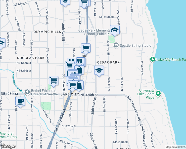 map of restaurants, bars, coffee shops, grocery stores, and more near 12568 1/2 33rd Avenue Northeast in Seattle