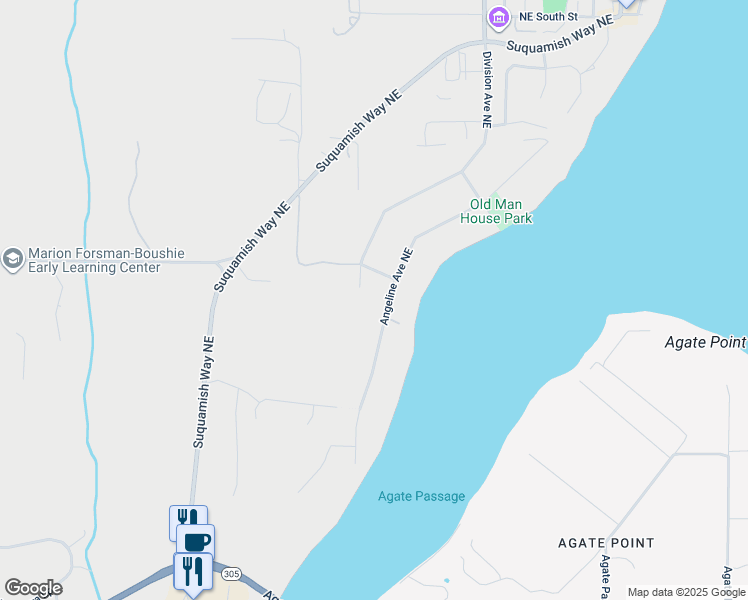 map of restaurants, bars, coffee shops, grocery stores, and more near 17377 South Angeline Avenue Northeast in Suquamish