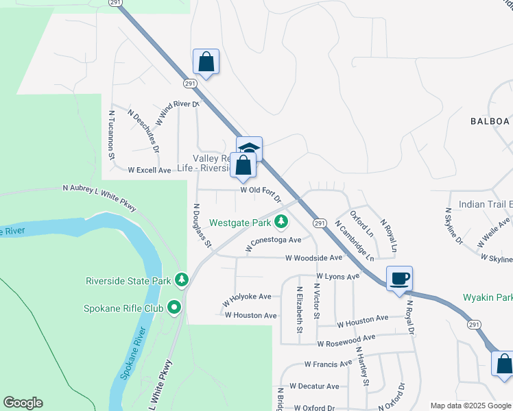 map of restaurants, bars, coffee shops, grocery stores, and more near 6908 North Foxwood Court in Spokane