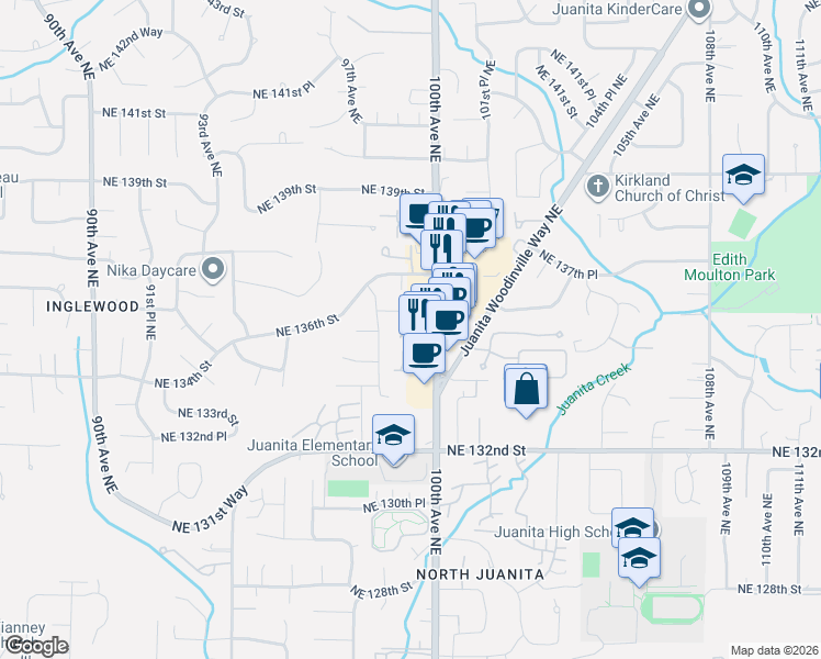 map of restaurants, bars, coffee shops, grocery stores, and more near 13418 98th Avenue Northeast in Kirkland
