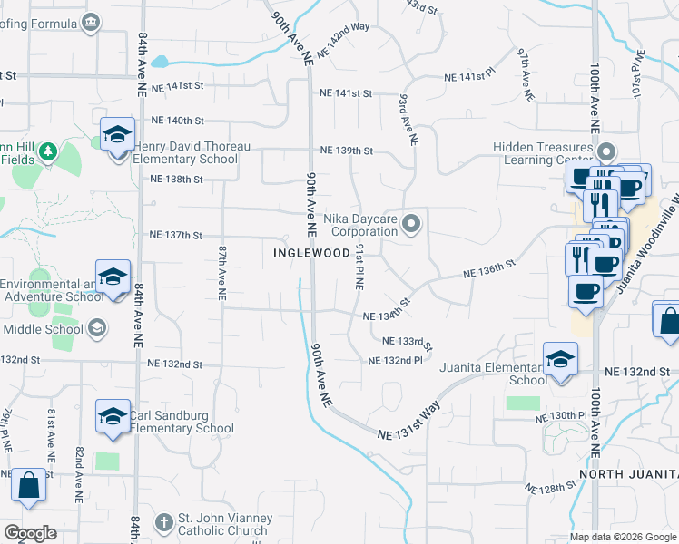 map of restaurants, bars, coffee shops, grocery stores, and more near 13420 90th Place Northeast in Kirkland