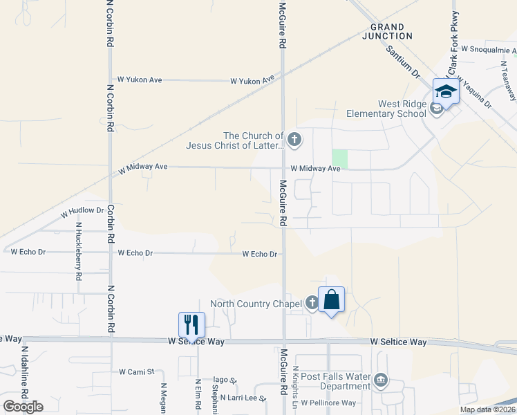 map of restaurants, bars, coffee shops, grocery stores, and more near 2509 Okanogan Avenue in Post Falls