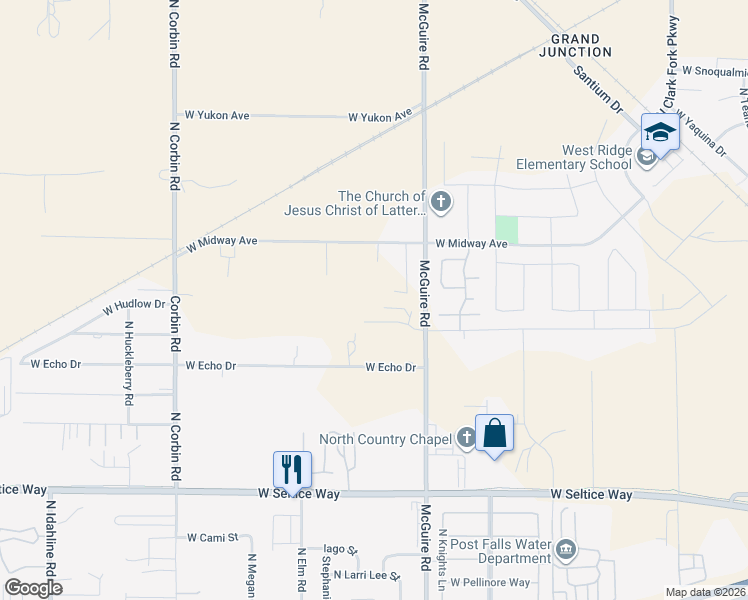 map of restaurants, bars, coffee shops, grocery stores, and more near 2509 Okanogan Avenue in Post Falls