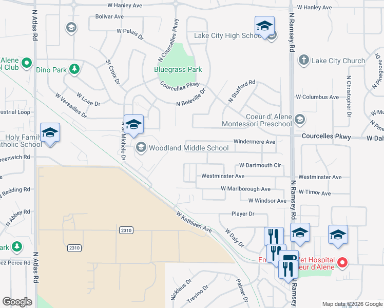 map of restaurants, bars, coffee shops, grocery stores, and more near 2336 West Plymouth Circle in Coeur d'Alene