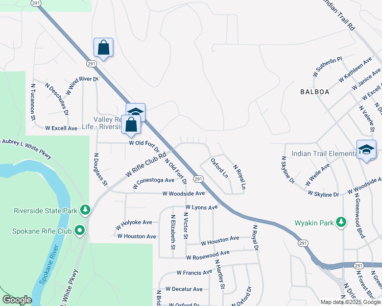 map of restaurants, bars, coffee shops, grocery stores, and more near 5329 West Rifle Club Court in Spokane
