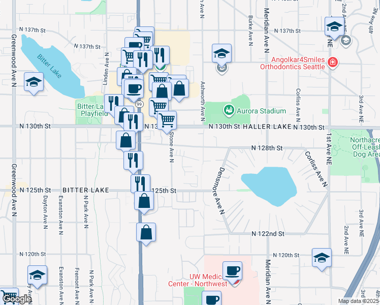 map of restaurants, bars, coffee shops, grocery stores, and more near 12600 Stone Avenue North in Seattle