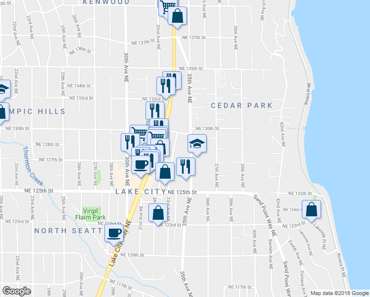 map of restaurants, bars, coffee shops, grocery stores, and more near 12736 33rd Avenue Northeast in Seattle